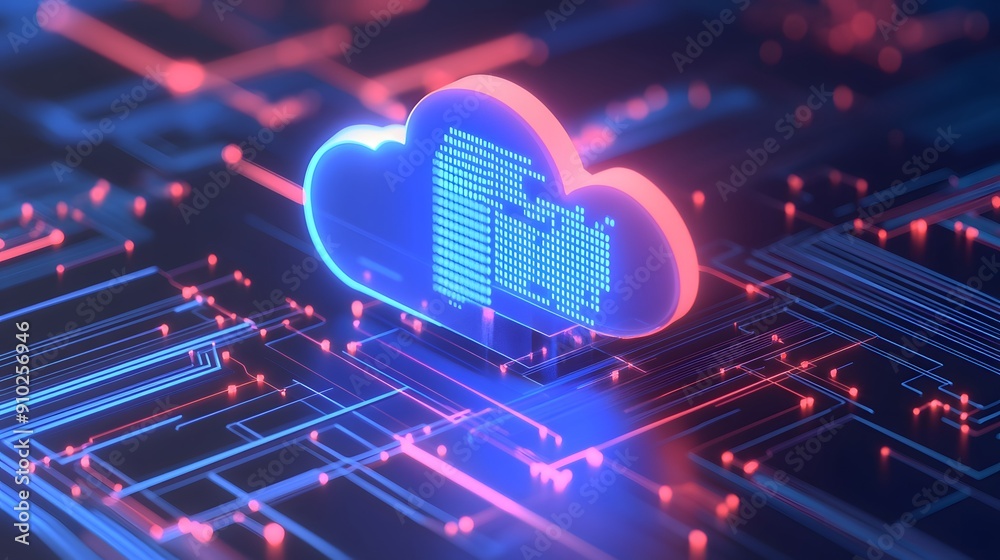 An abstract digital cloud symbol with a data network background, representing cloud computing, data storage, and modern technology.