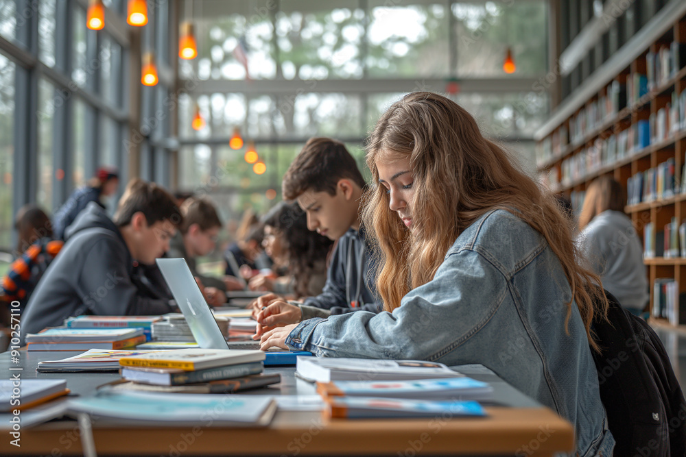 A group of students are sitting at a table in a library A group of students are sitting at a table in a library