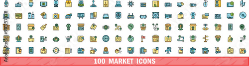 100 market icons set. Color line set of market vector icons thin line color flat on white