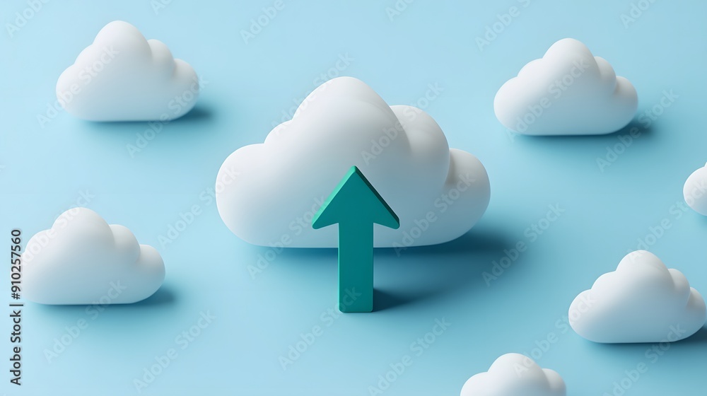 Blue arrow pointing upward through a white cloud in a light blue background, symbolizing cloud computing and data upload. Blue arrow pointing upward through a white cloud in a light blue background, symbolizing cloud computing and data upload.