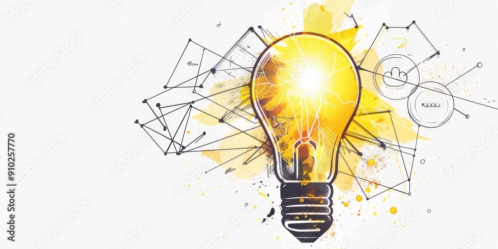 A simple line drawing of an idea bulb with light glowing, surrounded by pencil strokes and doodles symbolizing creativity and innovation Generative AI