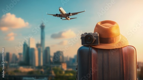 Suitcase with a hat and camera and airplane