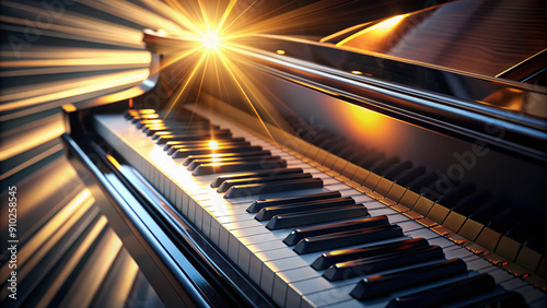 Close-up of a grand piano keyboard with fingers absent, spotlight shining on entwined chords and keys, evoking emotions and creativity in a serene atmosphere. photo