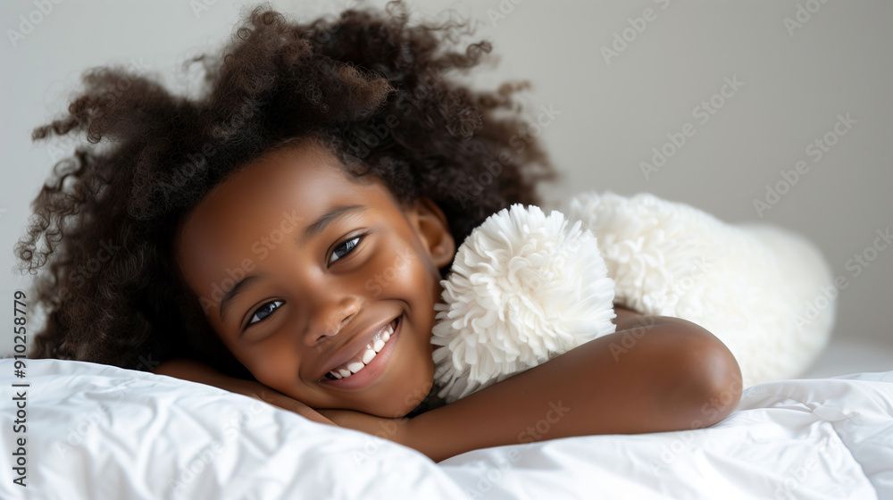 Smiling African American Girl Resting on White Fluffy Pillow, Joyful Bedtime Smiling African American Girl Resting on White Fluffy Pillow, Joyful Bedtime