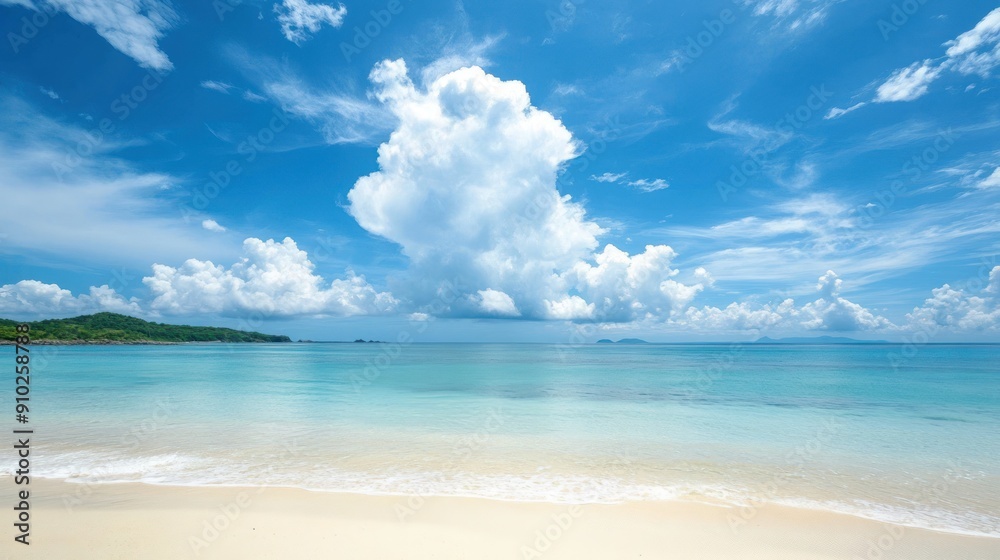 Idyllic Beachscape: Azure Sky, Pristine Shoreline, and Tranquil Waters Idyllic Beachscape: Azure Sky, Pristine Shoreline, and Tranquil Waters