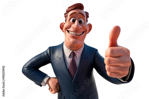 3D Cartoon Businessman in Suit Giving Thumbs-Up with Cheerful and Confident Positivity