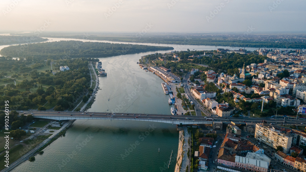 The confluence of the Sava river into the Danube, Belgrade, Serbia. The drone view of the historical downtown center of Belgrade at sunset. The confluence of the Sava river into the Danube, Belgrade, Serbia. The drone view of the historical downtown center of Belgrade at sunset.