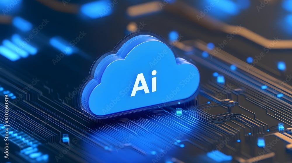 Cloud AI concept with a glowing blue cloud symbol on a digital circuit board. Represents innovation in artificial intelligence technology. Cloud AI concept with a glowing blue cloud symbol on a digital circuit board. Represents innovation in artificial intelligence technology.