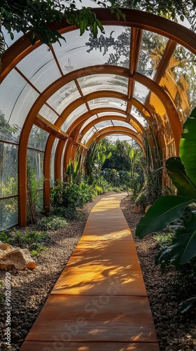 A serene pathway through a vibrant botanical garden illuminated by sunlight.