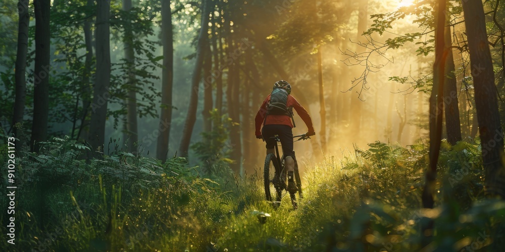 Obraz premium A male cyclist navigating a sunlit forest path, surrounded by lush greenery and golden sunlight filtering through the trees.