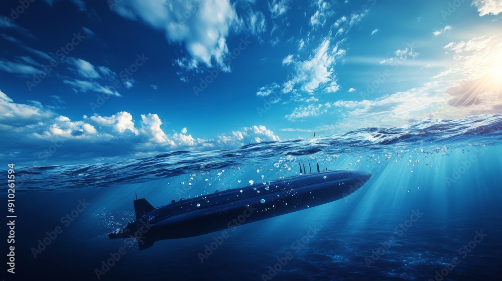 A sleek, modern submarine glides gracefully beneath the ocean surface, illuminated by shafts of sunlight filtering through the water. A sleek, modern submarine glides gracefully beneath the ocean surface, illuminated by shafts of sunlight filtering through the water.