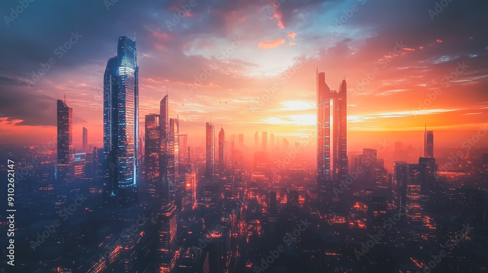 Fototapeta premium Smart digital Innovation city with connection network reciprocity over the cityscape. of future smart wireless digital city and social media networking systems that connects people with in city