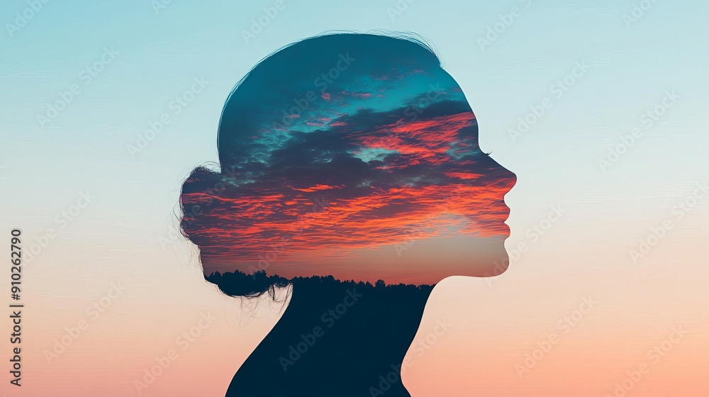 Double exposure silhouette with downward trend lines Double exposure silhouette with downward trend lines