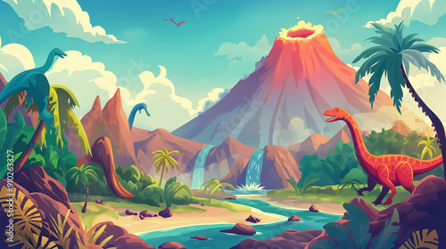 Fototapeta Naklejka Na Ścianę i Meble -  The Cartoon dinosaurs with tropical landscape with volcano isolation, game background, Illustration