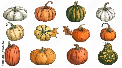 Illustrations of different varieties of pumpkins