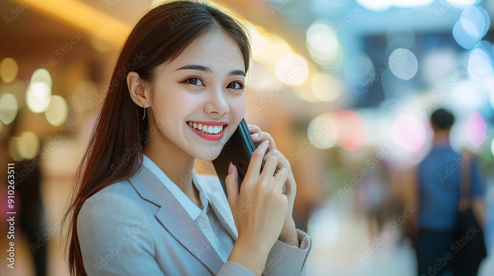 A young Asian woman in a professional suit smiles while talking on her smartphone in a vibrant, blurred shopping center. A young Asian woman in a professional suit smiles while talking on her smartphone in a vibrant, blurred shopping center.