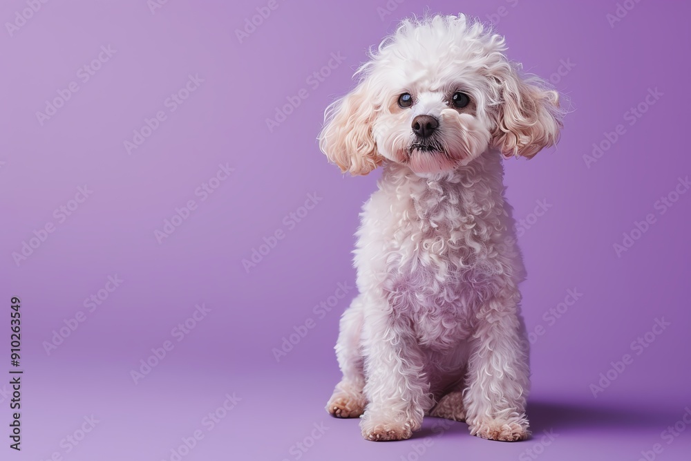 Obraz premium A sweet Poodle sitting on a solid lavender background with space above for text