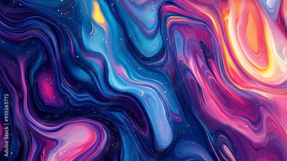 Vibrant abstract art showcasing swirling shades of blue, pink, and orange, creating a cosmic and dreamlike atmosphere.