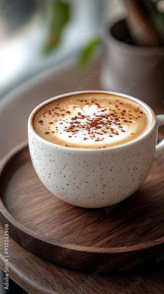 A beautifully crafted cappuccino in a speckled white mug, resting on a wooden tray, inviting warmth and comfort. A beautifully crafted cappuccino in a speckled white mug, resting on a wooden tray, inviting warmth and comfort.