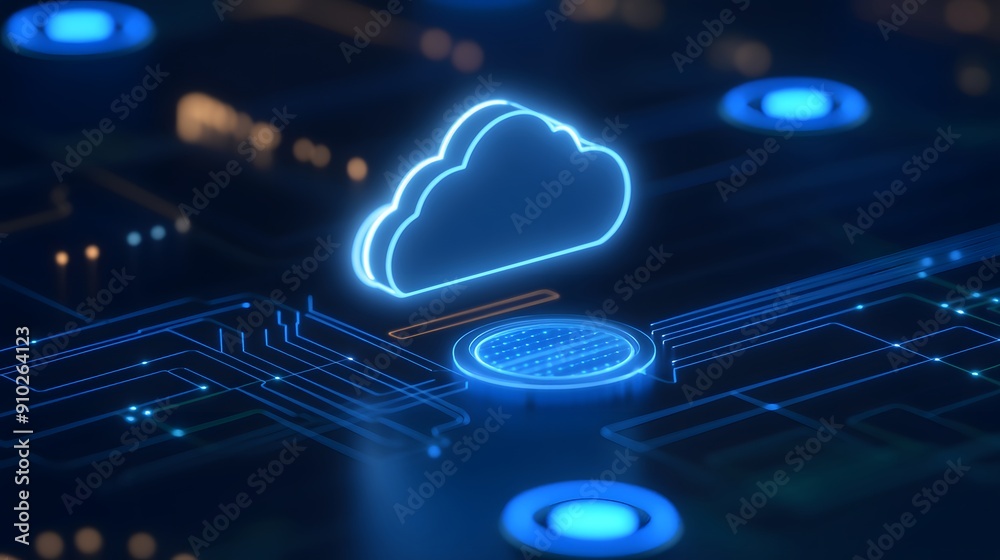 Cloud computing concept with illuminated cloud icon on dark circuit board, representing digital access, data storage, and technology. Cloud computing concept with illuminated cloud icon on dark circuit board, representing digital access, data storage, and technology.
