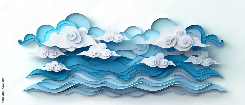 Cloud images in layered paper cut style, white background, blue, white, gray Cloud images in layered paper cut style, white background, blue, white, gray