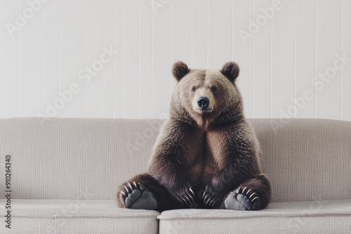 A large bear is comfortably seated in an upright position on a beige sofa, with a neutral background, creating a startling juxtaposition of wildlife and domestic settings.