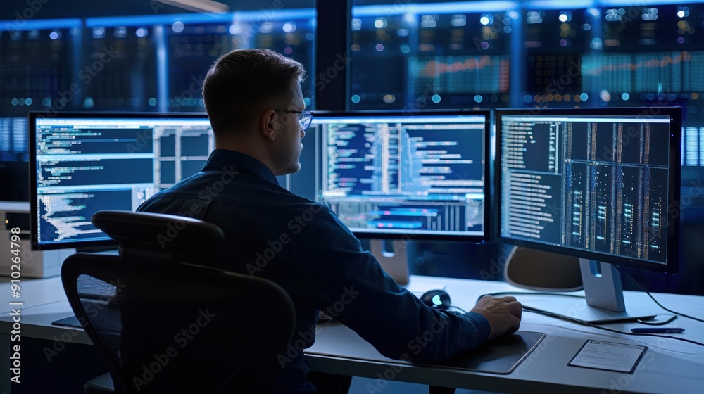Fototapeta premium specialist sits in data center surrounded by rows of computer servers, works on desktop computer with three displays showing blockchain, network architecture concept. Man focused on coding,