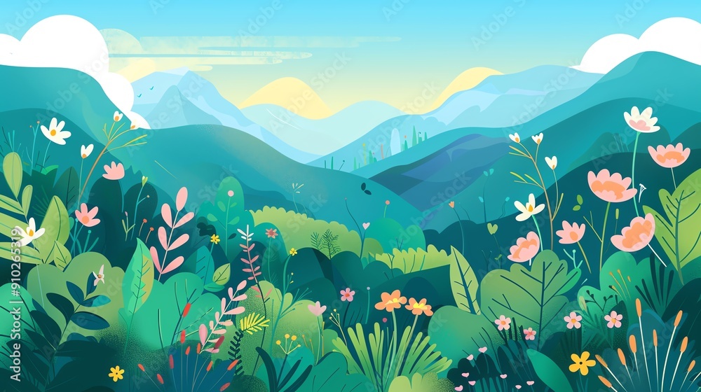 Fototapeta premium A colorful mountain landscape with lush greenery and blooming flowers.