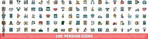 100 pension icons set. Color line set of pension vector icons thin line color flat on white