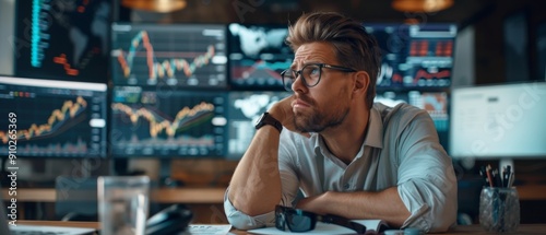 Pensive man analyzing stock market data on multiple computer screens in a modern office. Technology and finance concept.