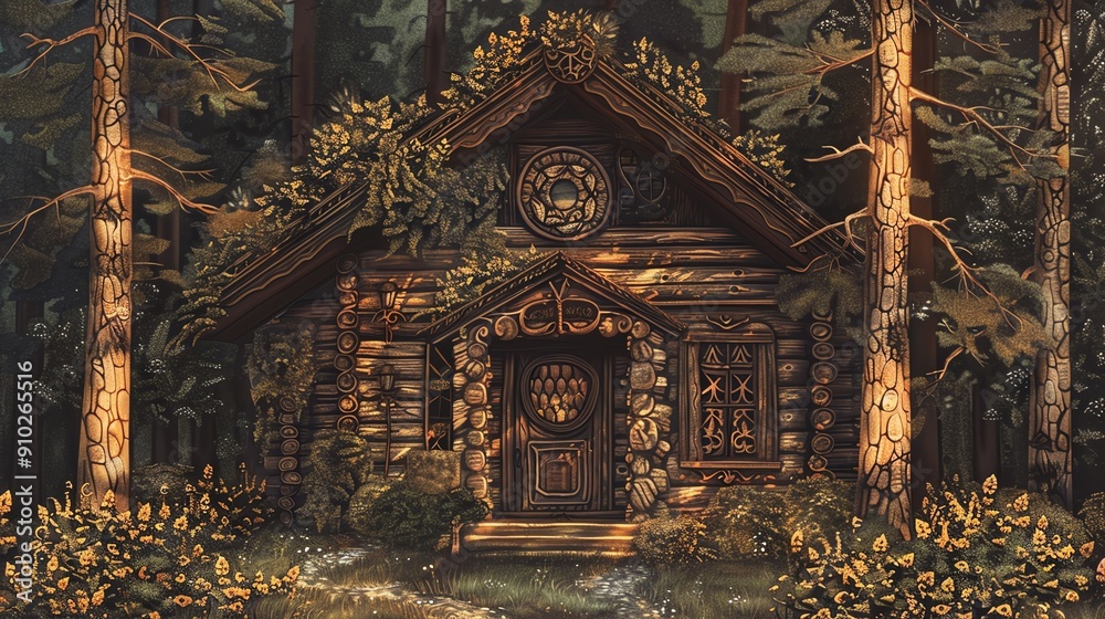 Fototapeta premium A cozy wooden cabin nestled deep within a lush forest, surrounded by towering trees.