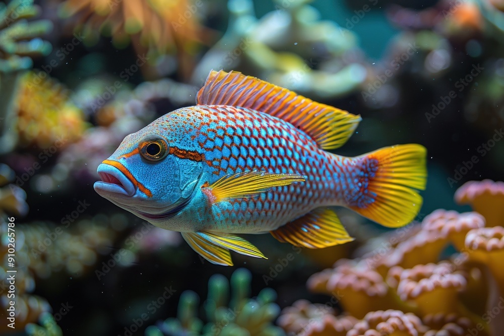 A colorful fish with blue, yellow, and red scales swims in a coral reef A colorful fish with blue, yellow, and red scales swims in a coral reef