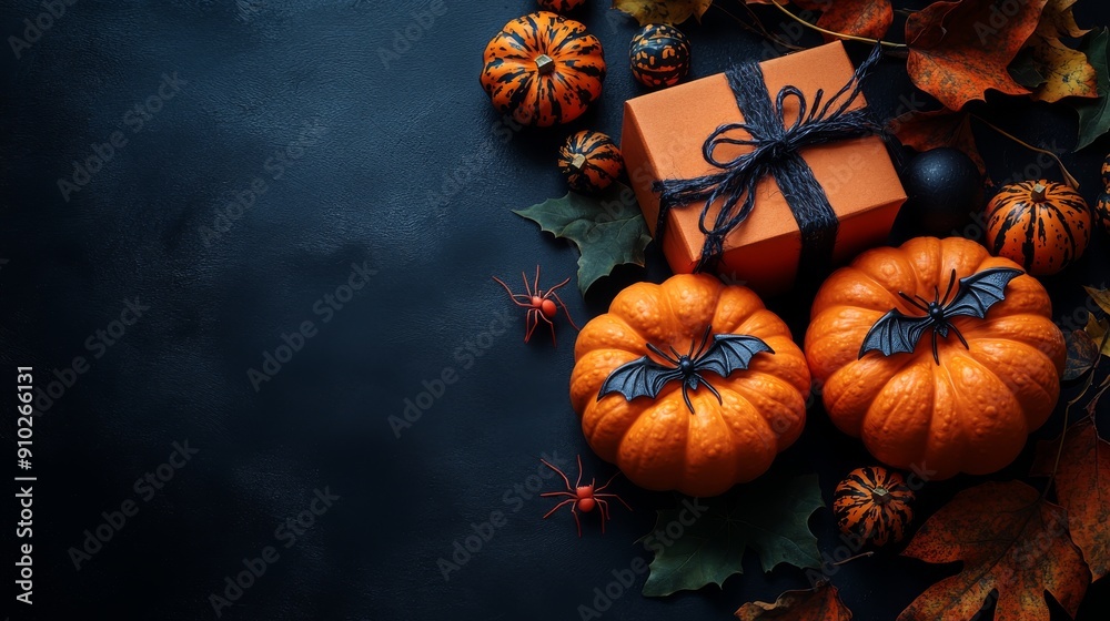 Festive Halloween arrangement featuring orange pumpkins with bat decorations, a gift box, spiders, and autumn leaves. Festive Halloween arrangement featuring orange pumpkins with bat decorations, a gift box, spiders, and autumn leaves.