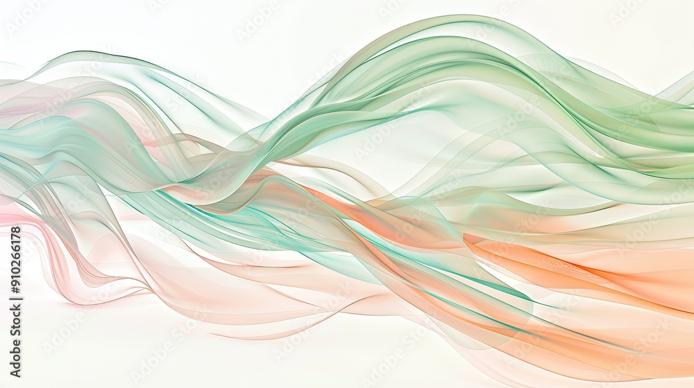 Obraz premium Serene Pastel Green and Coral Abstract Waves Dancing on White Background