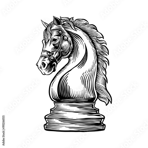 illustration of a black and white chess horse in an engraving style