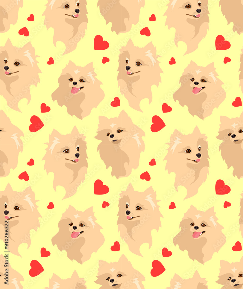 Spitz dog on a light yellow background with red hearts. Seamless pattern, print. Vector illustration Spitz dog on a light yellow background with red hearts. Seamless pattern, print. Vector illustration