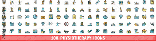 100 physiotherapy icons set. Color line set of physiotherapy vector icons thin line color flat on white