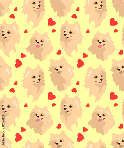 Spitz dog on a light yellow background with red hearts. Seamless pattern, print. Vector illustration