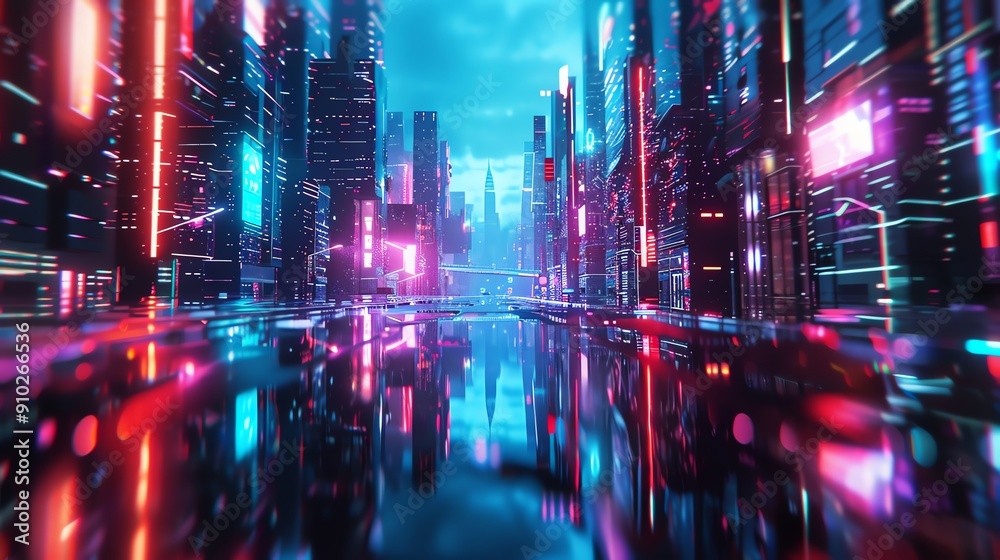 Fototapeta premium A futuristic city with neon lights reflecting in a wet street. Cyberpunk aesthetic.
