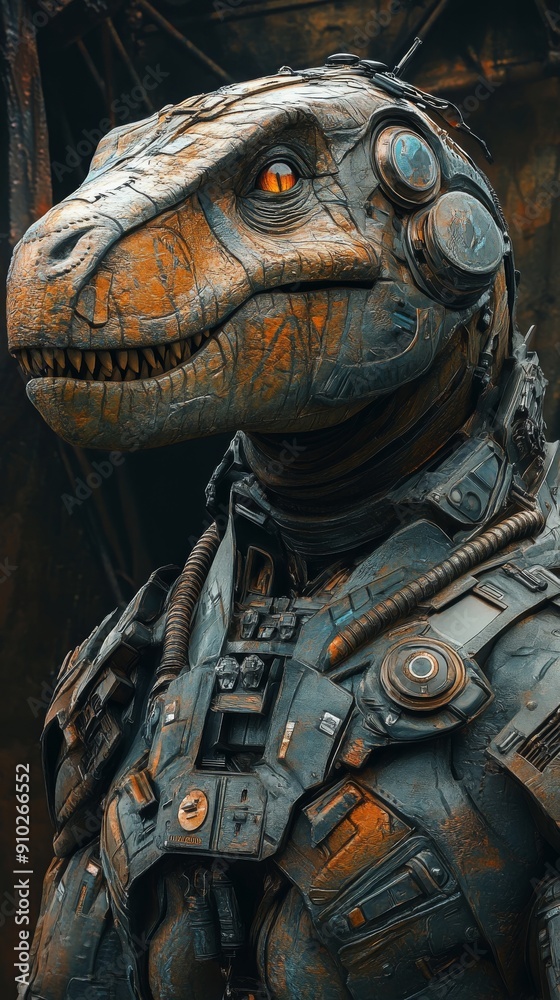 Obraz premium A highly detailed robotic dinosaur, featuring intricate metallic textures and glowing eyes, set against a gritty industrial background.