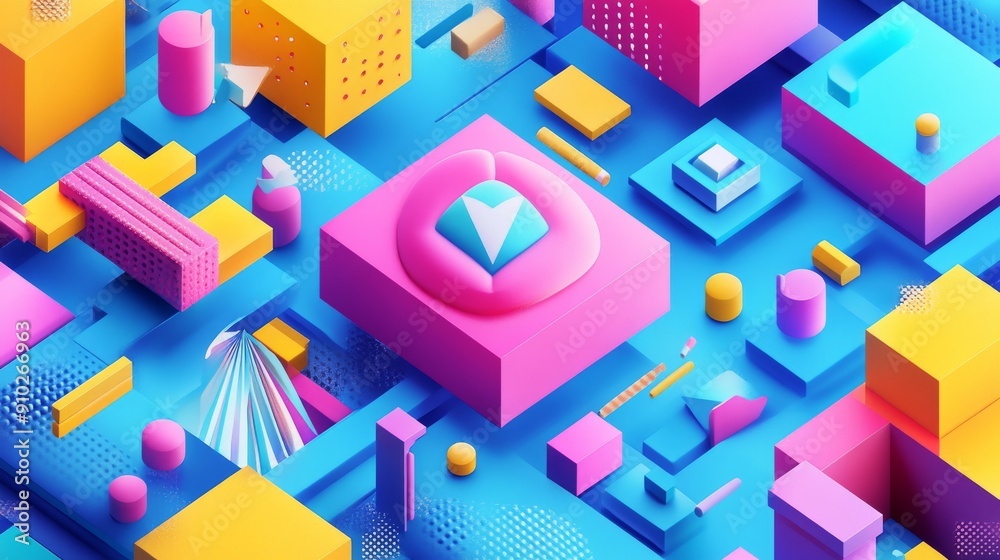 Colorful 3D geometric shapes in vibrant pink and blue hues create an abstract cityscape of modern art. Colorful 3D geometric shapes in vibrant pink and blue hues create an abstract cityscape of modern art.