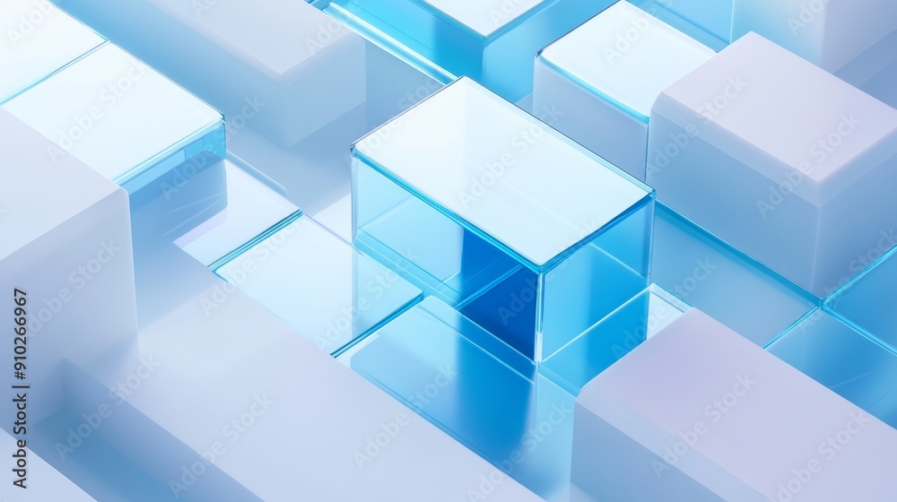 Abstract composition of translucent blue and white geometric shapes, creating a modern and serene visual atmosphere. Abstract composition of translucent blue and white geometric shapes, creating a modern and serene visual atmosphere.