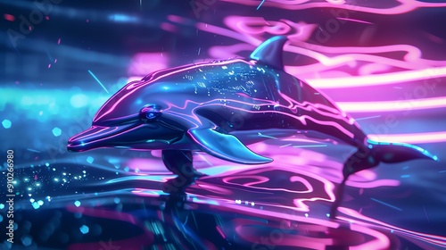 A glowing dolphin leaps through a shimmering, neon-lit ocean. photo