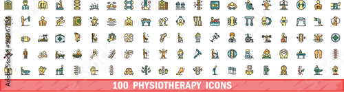 100 physiotherapy icons set. Color line set of physiotherapy vector icons thin line color flat on white