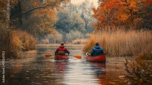 Two individuals paddling in red canoes amidst a tranquil autumn landscape with vibrant foliage. photo