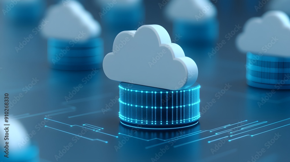 Cloud computing technology concept with digital data storage. Blue cloud icon and database symbolizing network infrastructure. Cloud computing technology concept with digital data storage. Blue cloud icon and database symbolizing network infrastructure.