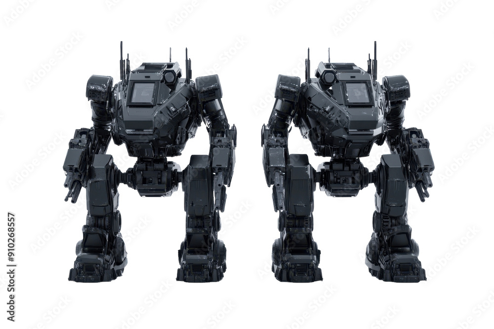 Futuristic battle robots with heavy armor and weapons. PNG image Futuristic battle robots with heavy armor and weapons. PNG image