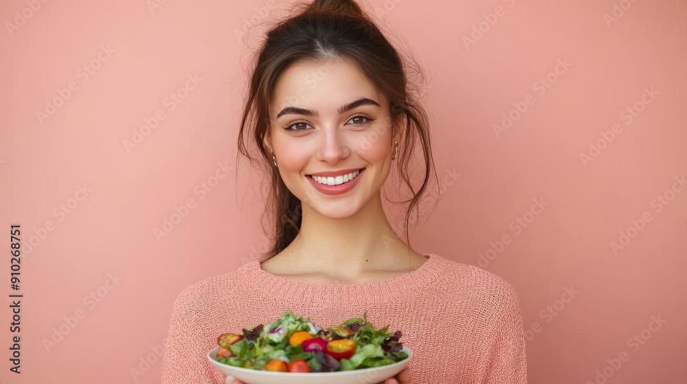 Smiling young woman of mixed ethnicity holding a fresh salad against a pink background. Smiling young woman of mixed ethnicity holding a fresh salad against a pink background.