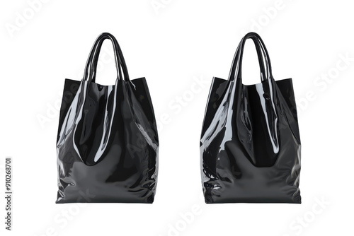 Two sleek black shopping bags with handles. PNG image