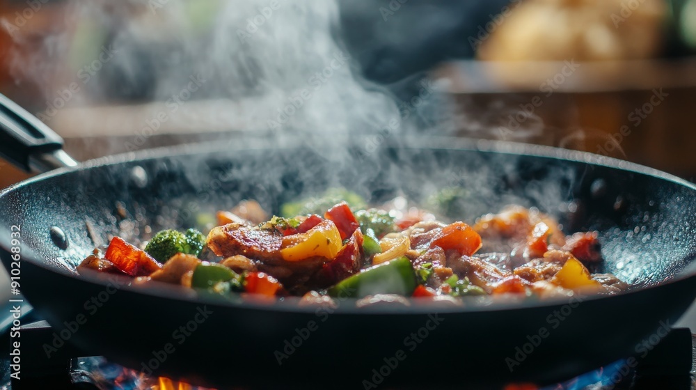 A vibrant mix of vegetables and meat sizzling in a frying pan, creating a delicious and aromatic dish. A vibrant mix of vegetables and meat sizzling in a frying pan, creating a delicious and aromatic dish.